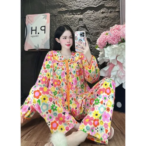 Bộ đồ tole nữ cổ lá sen tay dài quần dài mặc nhà, Đi chợ, form rộng vải mát