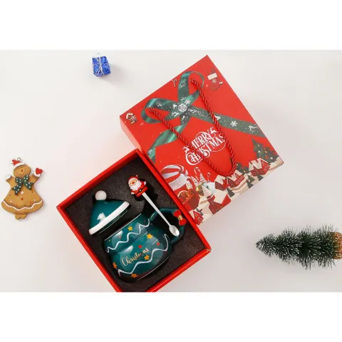 Cốc ly sứ hộp qùa  Merry Christmas nắp sứ hình mũ kèm thìa dung tích 480ml đựng trà,sữa, nước, cafe, quà tặng-Cốc Cốc 850547