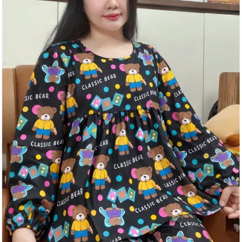 Đồ Bộ Tole Nữ Tay Dài Quần Dài Form Babydoll Rộng, Bộ Mặc Nhà Họa Tiết Dễ Thương