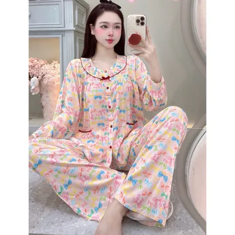 Bộ Tole Nữ Mặc Nhà Cổ Tròn Tay Dài Quần Dài – Thoải Mái, Nhẹ Mát, Dễ Thương