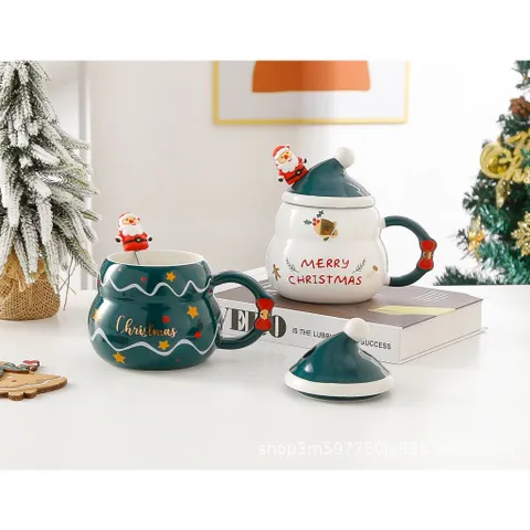 Cốc ly sứ hộp qùa  Merry Christmas nắp sứ hình mũ kèm thìa dung tích 480ml đựng trà,sữa, nước, cafe, quà tặng-Cốc Cốc 850547