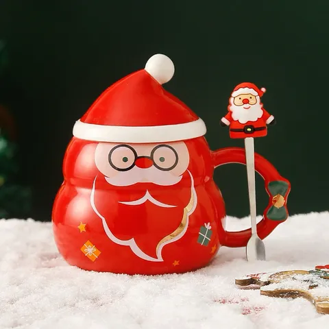Cốc ly sứ hộp qùa  Merry Christmas nắp sứ hình mũ kèm thìa dung tích 480ml đựng trà,sữa, nước, cafe, quà tặng-Cốc Cốc 850547