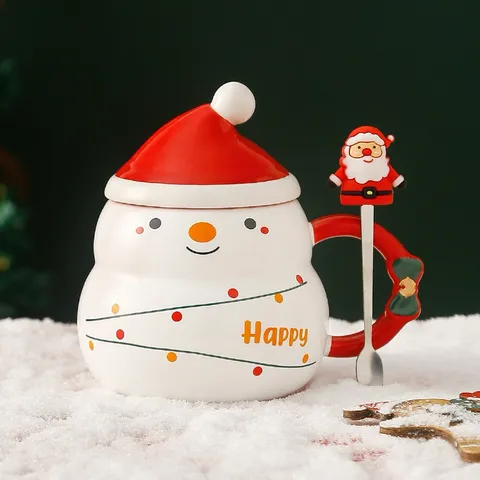 Cốc ly sứ hộp qùa  Merry Christmas nắp sứ hình mũ kèm thìa dung tích 480ml đựng trà,sữa, nước, cafe, quà tặng-Cốc Cốc 850547