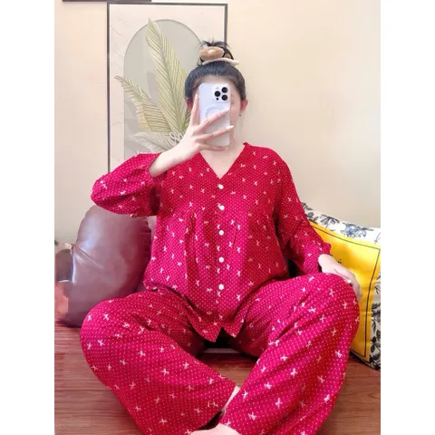 Đồ Bộ Tole Cổ V Tay Dài Quần Dài Nữ Thoáng Mát, Đồ Ngủ Dễ Thương