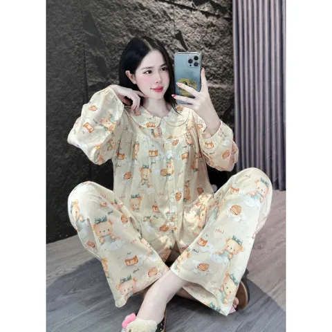 Bộ Đồ Ngủ Tole Tay Dài Quần Dài Nữ Cổ Lá Sen mặc nhà tiếp khách ngày tết – Vải Mát, Mặc Nhà, Đi Chợ Đều Xinh