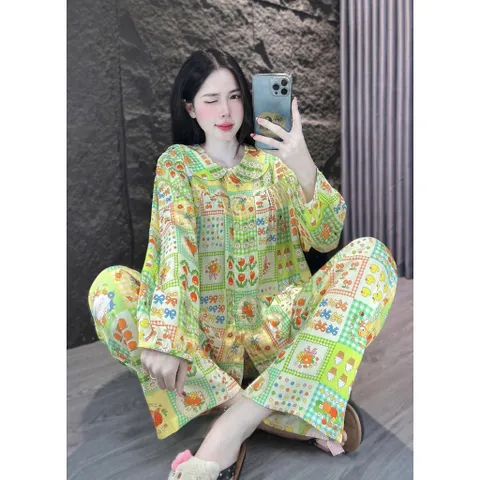 Bộ Đồ Ngủ Tole Tay Dài Quần Dài Nữ Cổ Lá Sen mặc nhà tiếp khách ngày tết – Vải Mát, Mặc Nhà, Đi Chợ Đều Xinh