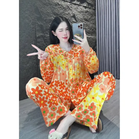 Bộ Đồ Ngủ Tole Tay Dài Quần Dài Nữ Cổ Lá Sen mặc nhà tiếp khách ngày tết – Vải Mát, Mặc Nhà, Đi Chợ Đều Xinh