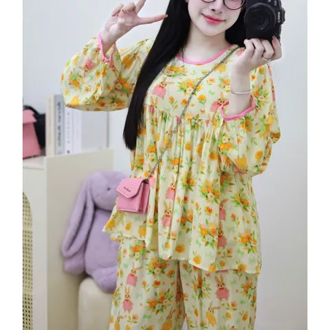 Đồ Bộ Nữ Tole Form Babydoll Tay Dài + Quần Dài, mặc nhà tiếp khách  Freesize 65kg – Bộ Thời Trang Thoải Mái