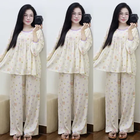 Đồ Bộ Nữ Tole Form Babydoll Tay Dài + Quần Dài, mặc nhà tiếp khách  Freesize 65kg – Bộ Thời Trang Thoải Mái