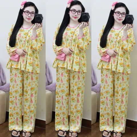 Đồ Bộ Nữ Tole Form Babydoll Tay Dài + Quần Dài, mặc nhà tiếp khách  Freesize 65kg – Bộ Thời Trang Thoải Mái