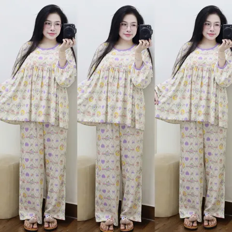 Đồ Bộ Nữ Tole Form Babydoll Tay Dài + Quần Dài, mặc nhà tiếp khách  Freesize 65kg – Bộ Thời Trang Thoải Mái