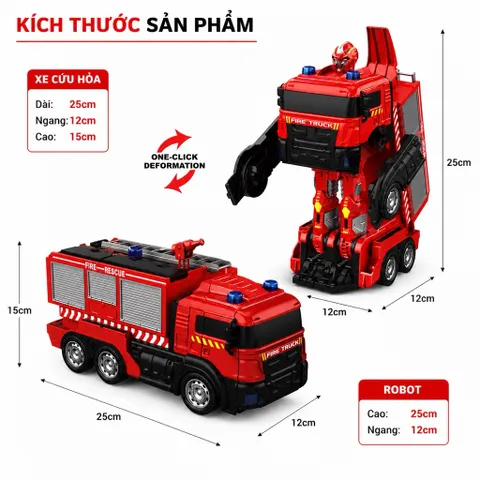 Xe cứu hoả điều khiển biến hình robot , xoay 360 có phun nước , đèn nhạc ,pin sạc,nhựa abs