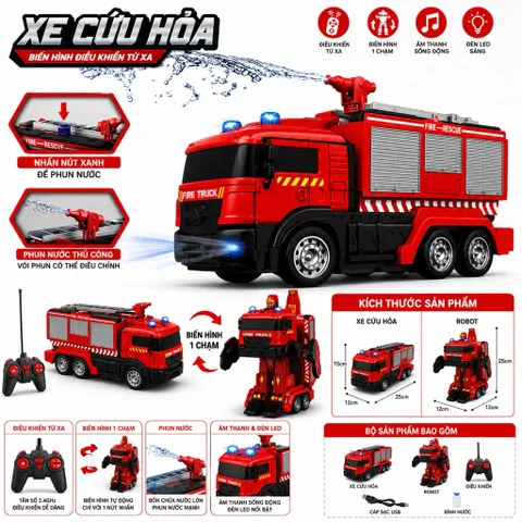 Xe cứu hoả điều khiển biến hình robot , xoay 360 có phun nước , đèn nhạc ,pin sạc,nhựa abs