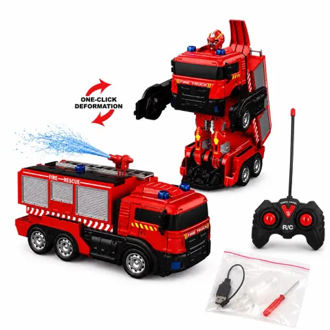 Xe cứu hoả điều khiển biến hình robot , xoay 360 có phun nước , đèn nhạc ,pin sạc,nhựa abs