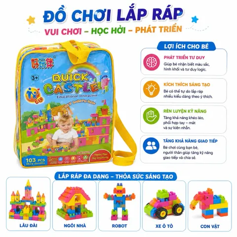 Đồ Chơi Xếp Hình Mầm Non Cho Bé Có Túi Xách, Bộ Lắp Ghép Cho Bé 3 - 5 Tuổi Hàng Việt Nam