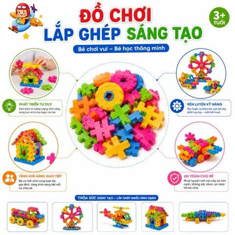 Bộ đồ chơi lắp ghép nhiều màu sắc giúp bé thỏa sức sáng tạo và tự tay tạo nên nhiều mô hình thú vị như xe ô tô, máy bay