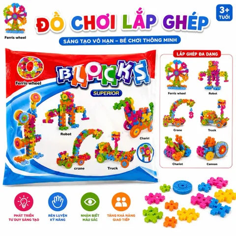 Bộ đồ chơi lắp ghép nhiều màu sắc giúp bé thỏa sức sáng tạo và tự tay tạo nên nhiều mô hình thú vị như xe ô tô, máy bay