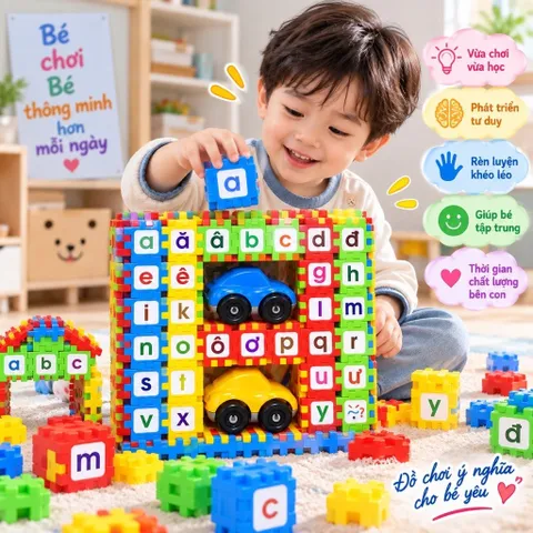 Bộ đồ chơi xếp hình chữ thông minh cho bé, kèm 2 xe oto , đồ chơi trí tuệ