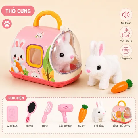 THỎ CƯNG ĐIỆN TỬ KÈM XE ĐỰNG – PHÁT ÂM THANH, BIẾT ĐI, NHIỀU PHỤ KIỆN