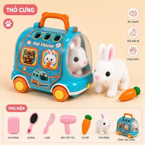 THỎ CƯNG ĐIỆN TỬ KÈM XE ĐỰNG – PHÁT ÂM THANH, BIẾT ĐI, NHIỀU PHỤ KIỆN