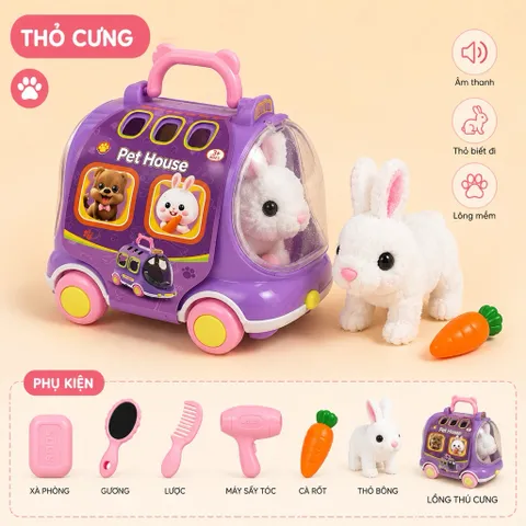 THỎ CƯNG ĐIỆN TỬ KÈM XE ĐỰNG – PHÁT ÂM THANH, BIẾT ĐI, NHIỀU PHỤ KIỆN