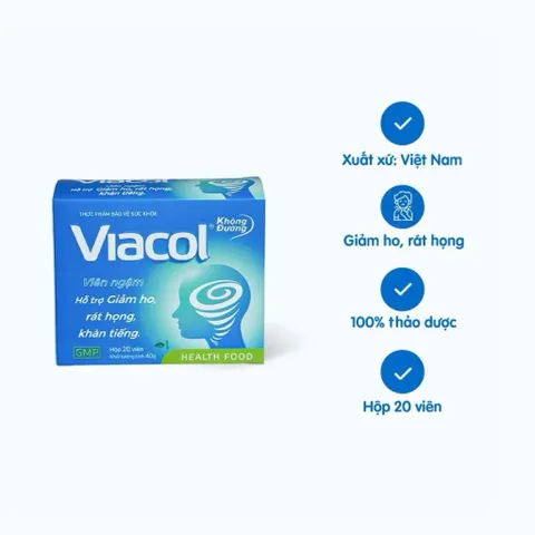 Viên ngậm Viacol không đường (hộp 20 viên) hỗ trợ giảm ho, rát họng, khàn tiếng
