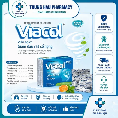 Viên ngậm Viacol không đường (hộp 20 viên) hỗ trợ giảm ho, rát họng, khàn tiếng