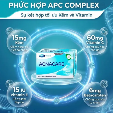 TPBVSK Viên uống giảm mụn, giảm nhờn - Kẽm, Crôm, D.Salina, Vitamin C, Vitamin E - ACNACARE Mega We Care (30 viên)