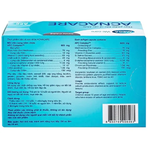 TPBVSK Viên uống giảm mụn, giảm nhờn - Kẽm, Crôm, D.Salina, Vitamin C, Vitamin E - ACNACARE Mega We Care (30 viên)