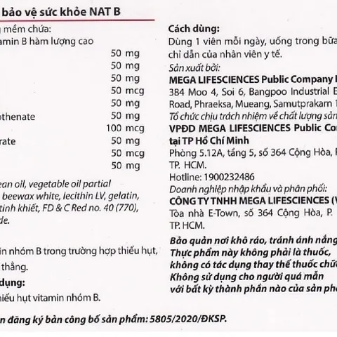 Viên uống bổ sung Vitamin B Mega We Care Nat B giúp giảm căng thẳng, mệt mỏi (Hộp 30 viên) – TPBVSK