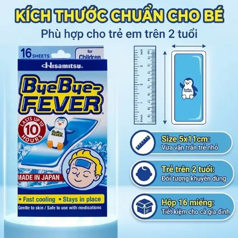 Miếng dán hạ sốt ByeBye Fever For Children dùng cho trẻ trên 2 tuổi (8 gói x 2 miếng)