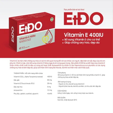 Vitamin ETDO 400IU Tín Phong hộp 30 viên - Bổ sung Vitamin E đỏ cho cơ thể, giúp chống oxy hoá, đẹp da