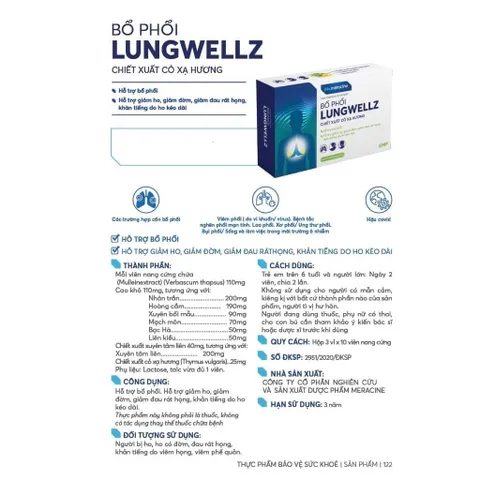 Viên uống Bổ Phổi Lungwellz Meracine - Hỗ Trợ Bổ Phổi, Giảm Ho, Giảm Đau Rát Họng,Khản Tiếng - Hộp 30 Viên