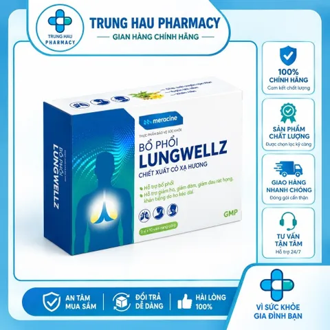 Viên uống Bổ Phổi Lungwellz Meracine - Hỗ Trợ Bổ Phổi, Giảm Ho, Giảm Đau Rát Họng,Khản Tiếng - Hộp 30 Viên