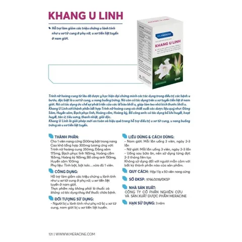 Viên uống Khang U Linh - Hỗ trợ làm giảm triệu chứng u lành tính như u xơ tử cung phụ nữ, u xơ tiền liệt tuyến nam giới