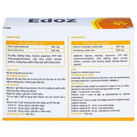 Bột Sủi Edoz Hộp 24 gói -  Hỗ Trợ Giảm Đầy Hơi Khó Tiêu, Trung Hoà Axit Dạ Dày, Rối Loạn Tiêu Hoá