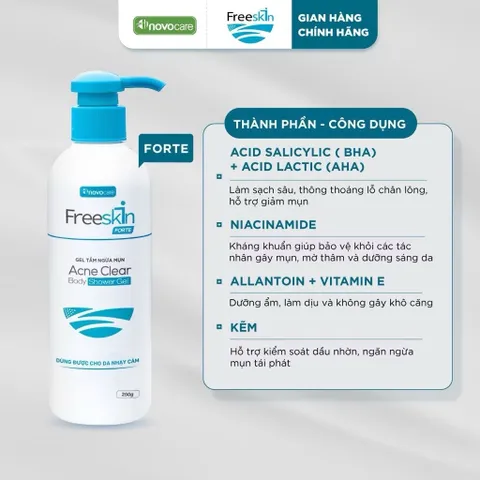 Combo Xịt mụn 80ml & Gel tắm ngừa mụn lưng, viêm nang lông 250g & Xịt mờ thâm 80ml Novocare - Freeskin