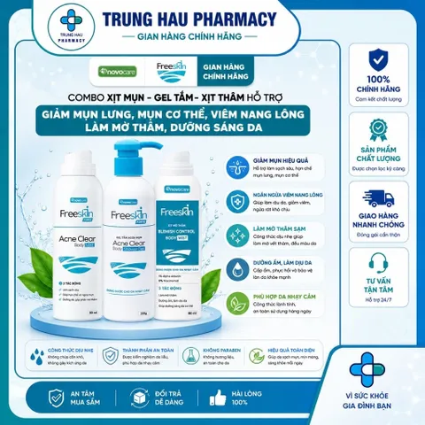 Combo Xịt mụn 80ml & Gel tắm ngừa mụn lưng, viêm nang lông 250g & Xịt mờ thâm 80ml Novocare - Freeskin