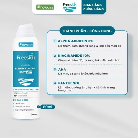 Combo Xịt mụn 80ml & Gel tắm ngừa mụn lưng, viêm nang lông 250g & Xịt mờ thâm 80ml Novocare - Freeskin