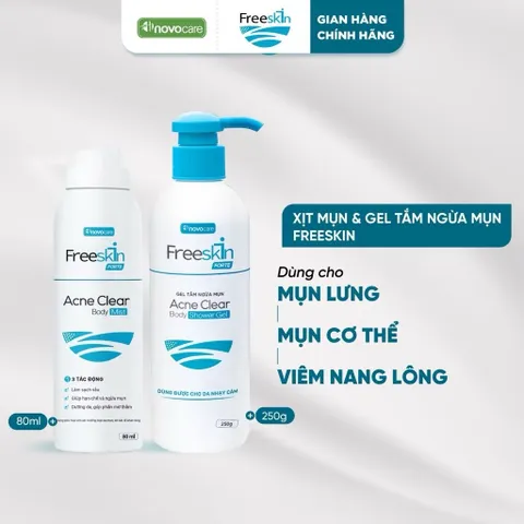 Combo Xịt mụn 80ml & Gel tắm ngừa mụn lưng, viêm nang lông 250g & Xịt mờ thâm 80ml Novocare - Freeskin