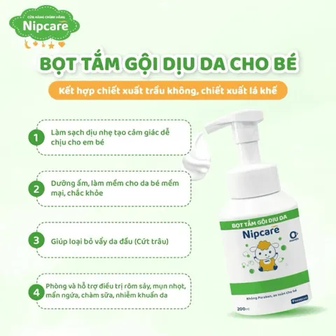 Bọt tắm gội cho bé Nipcare 200ml - Hỗ trợ rôm sảy, mẩn ngứa, phù hợp cho bé viêm da cơ địa