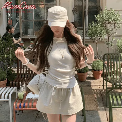 Chân Váy Bầu Chữ A Dáng Bồng - Kaki Gió Lụa - Có Quần Bảo Hộ Đáp Bụng Dây Rút Freesize