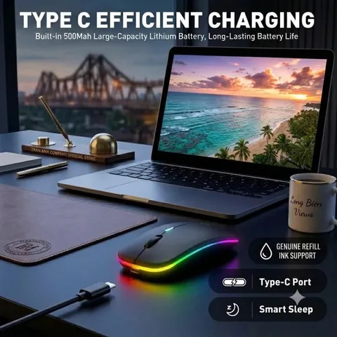 Chuột không Dây HP-W10 Dual Mode Bluetooth 5.0 & 2.4G - Chuột Silent Pin Sạc USB-C, LED RGB, BH 12T
