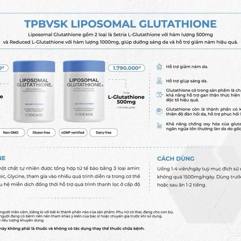 Viên Uống Hỗ Trợ Gan Thận Liposomal Glutathione 500mg - Giảm Nám, Tăng Cường Sức Khỏe, Chống Oxy Hóa, 60 Viên
