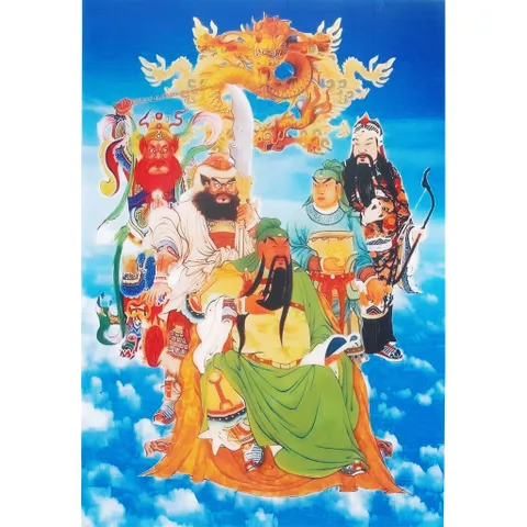 Tranh treo, ảnh thờ Quan Công, Ngũ Công Vương Phật, Độ mạng, Chư Vị 3 ông độ mạng nền xanh 1 , Khung hình cực đẹp