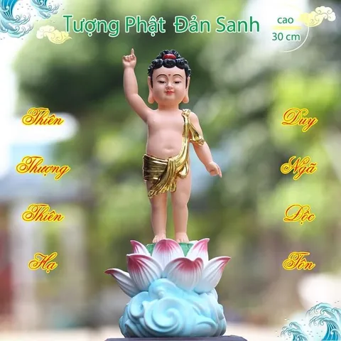Tượng Phật Đản Sanh tọa đài sen áo giác vàng vẽ màu siêu đẹp
