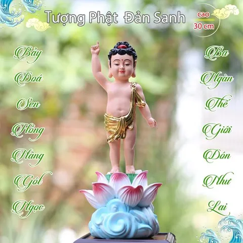 Tượng Phật Đản Sanh tọa đài sen áo giác vàng vẽ màu siêu đẹp