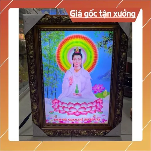 Tranh Quan Âm Bồ Tát Khung Gỗ Đủ Kích Thước Có Đèn Led và Không Đèn.