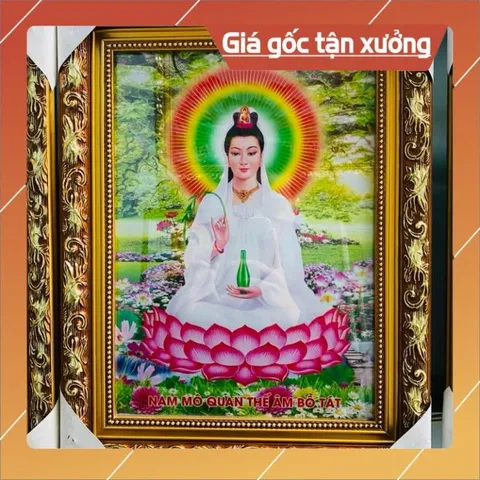 Tranh Quan Âm Bồ Tát Khung Gỗ Đủ Kích Thước Có Đèn Led và Không Đèn.