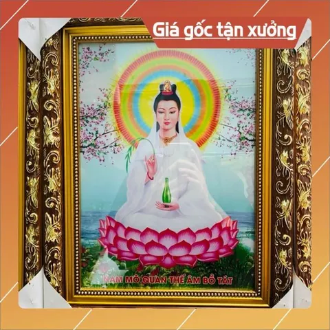 Tranh Quan Âm Bồ Tát Khung Gỗ Đủ Kích Thước Có Đèn Led và Không Đèn.